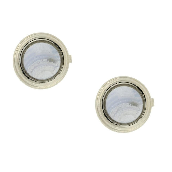 Faux Cufflinks Silver Tone Framed Blue Lace Round Silver Button Covers Unique Gift Image 1