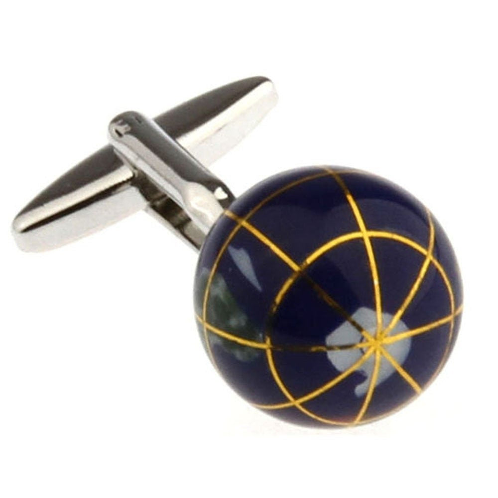 Silver Tone Cufflinks Navy Blue Enamel Globe See the World Traveler Cuff Links Comes with Gift Box Image 2
