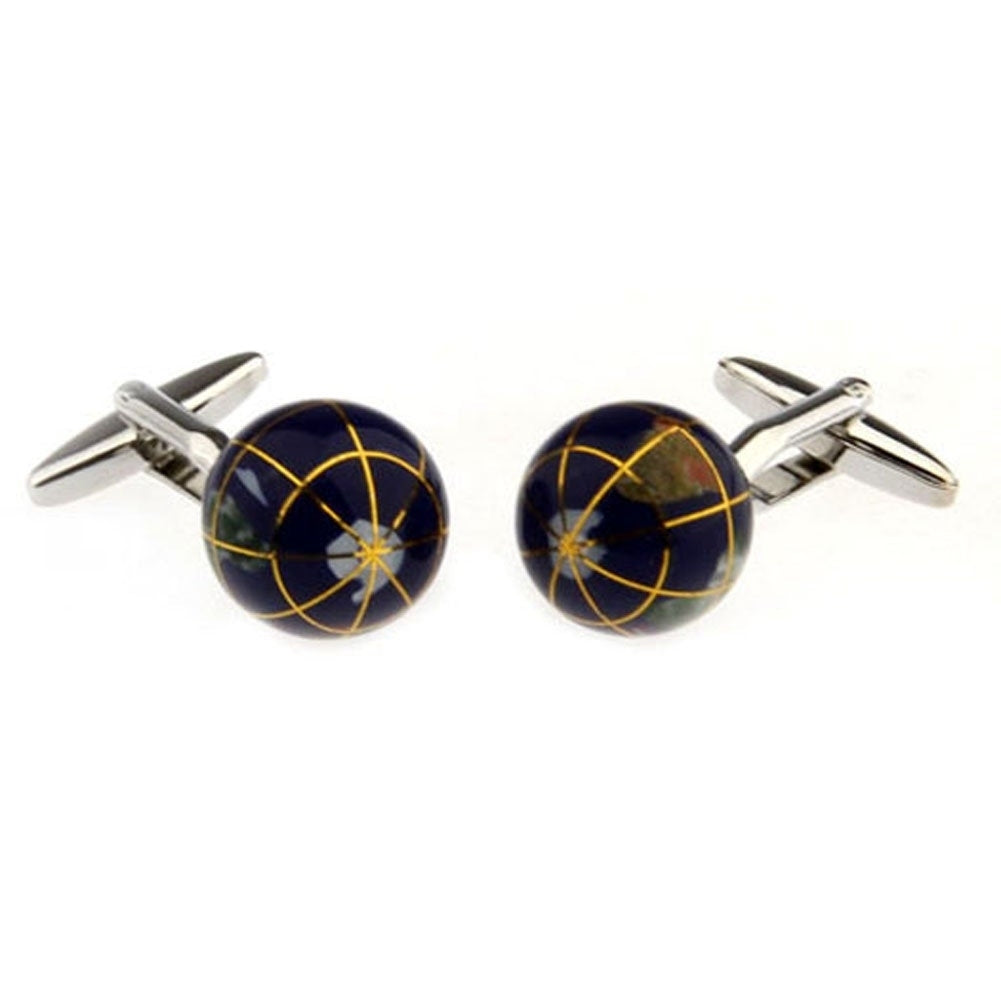 Silver Tone Cufflinks Navy Blue Enamel Globe See the World Traveler Cuff Links Comes with Gift Box Image 3