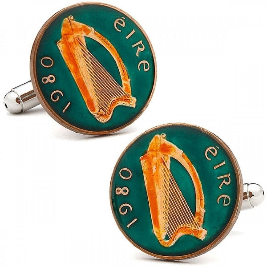 Birth Year Birth Year Enamel Cufflinks Hand Painted Irish Eire Enamel Coin Jewelry Green Enamel with Orange Cuff Links Image 1