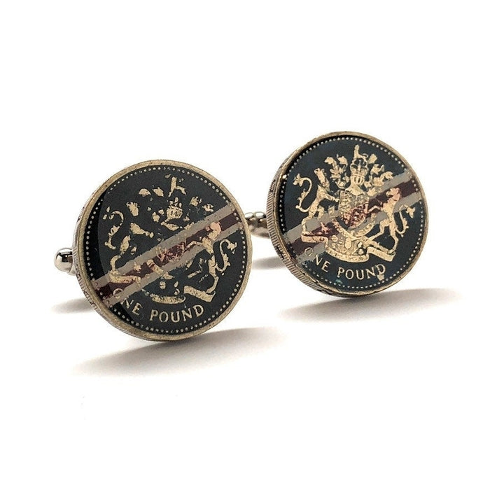 Enamel Cufflinks Lion Blue Red Stripe British One pound Lion Head Painted Enamel Coin Jewelry Cuff Links Enamelled Coin Image 1