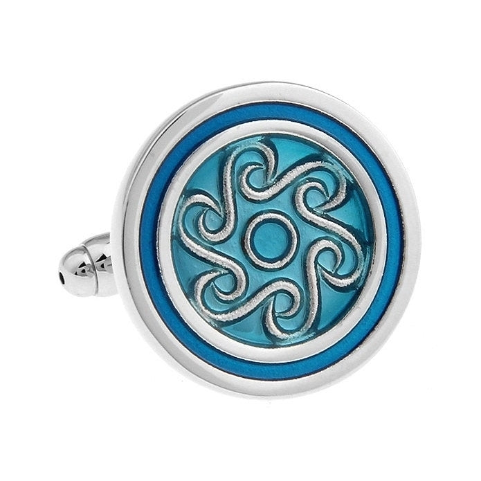 Silver Blue Green Swirling Grecian Ocean Crest Cufflinks Cuff Links Image 1