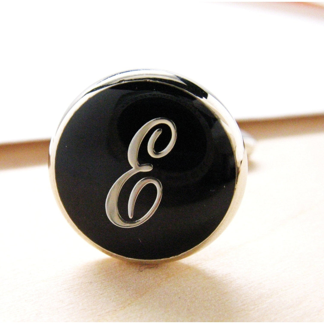 E Initials Cufflinks Silver Toned Round Black Enamel Script Letters Personalized Wedding Cuff Links Groom Father Bride Image 1