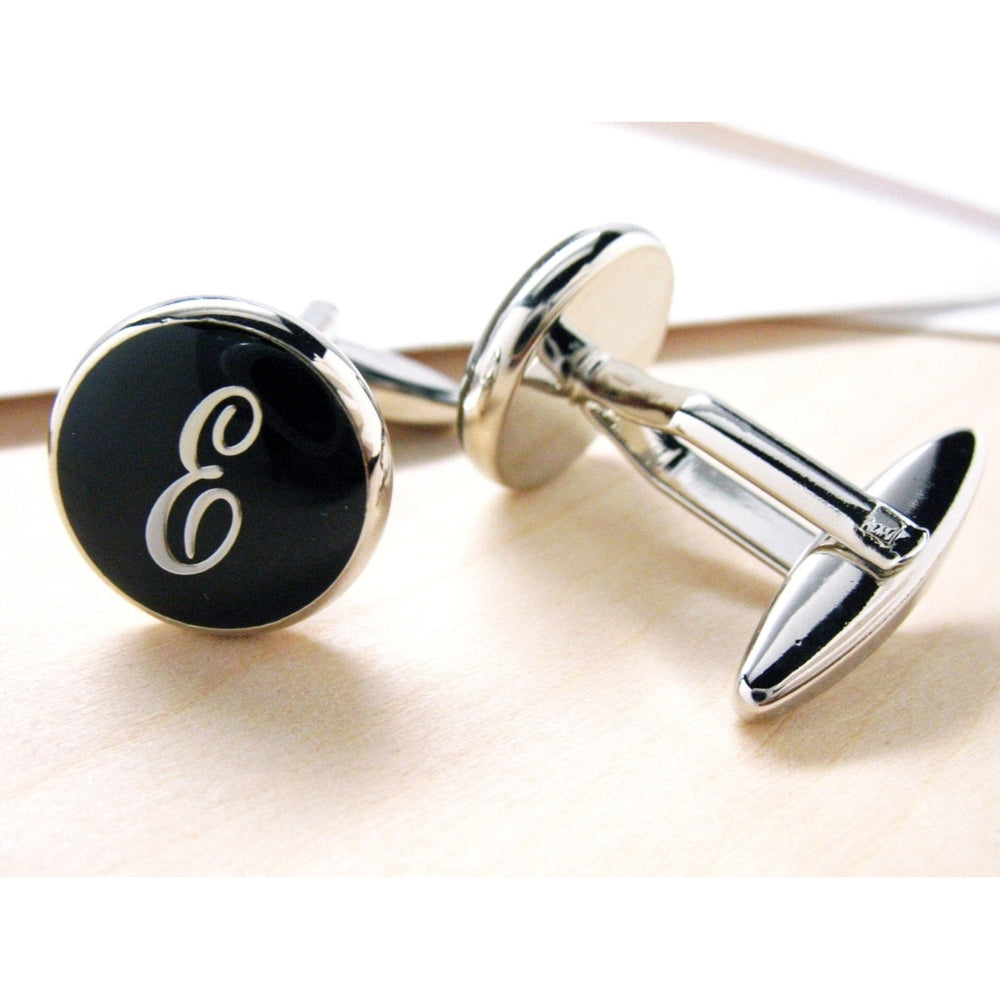 E Initials Cufflinks Silver Toned Round Black Enamel Script Letters Personalized Wedding Cuff Links Groom Father Bride Image 2