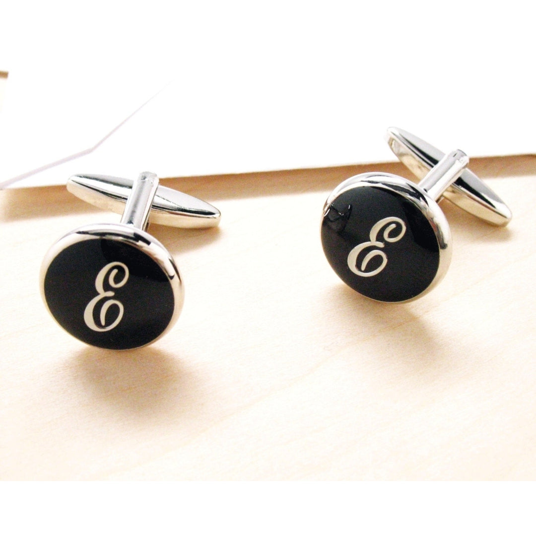 E Initials Cufflinks Silver Toned Round Black Enamel Script Letters Personalized Wedding Cuff Links Groom Father Bride Image 3
