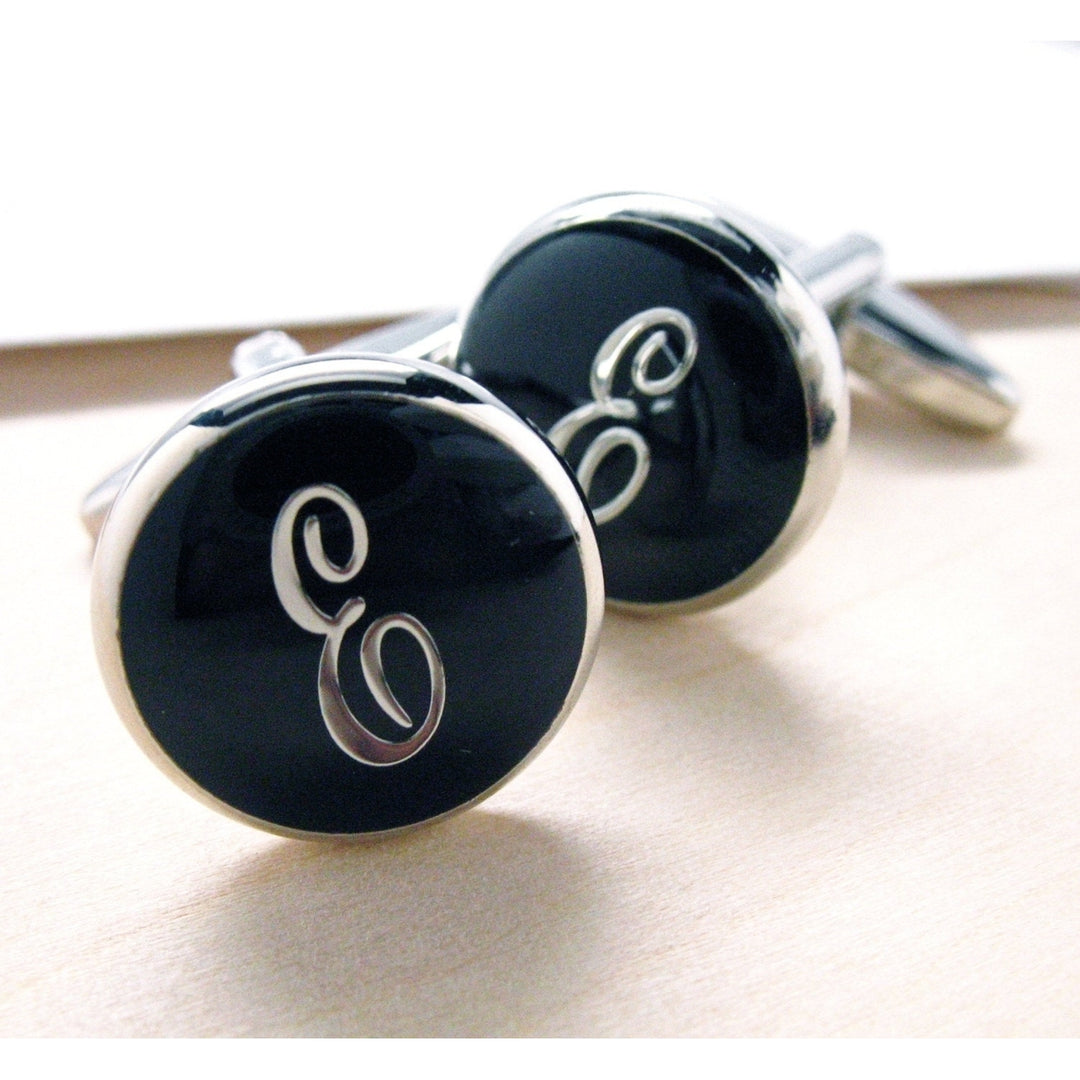 E Initials Cufflinks Silver Toned Round Black Enamel Script Letters Personalized Wedding Cuff Links Groom Father Bride Image 4