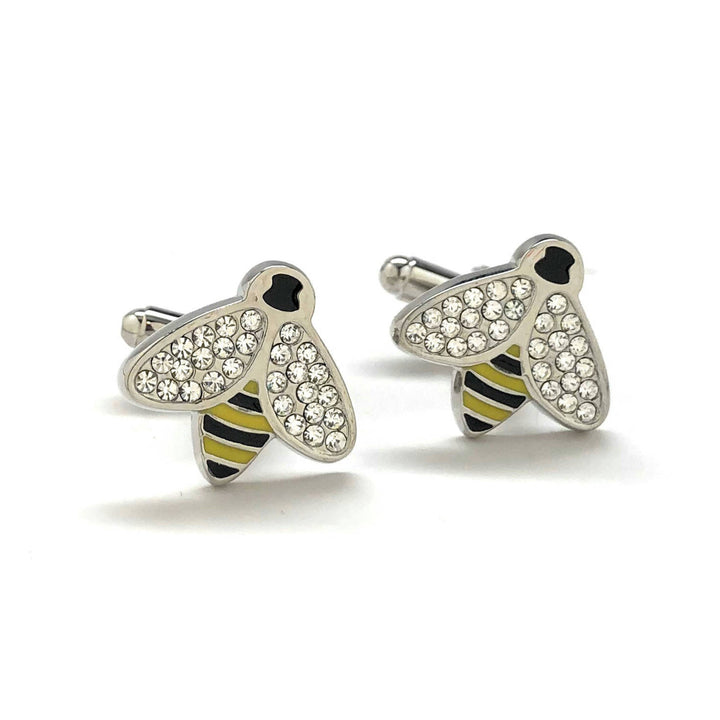 Bee Cufflinks Crystal Wing Honey Bee Cufflinks Yellow Black Enamel with Silver Tone Cuff Links Comes with Gift Box Image 1