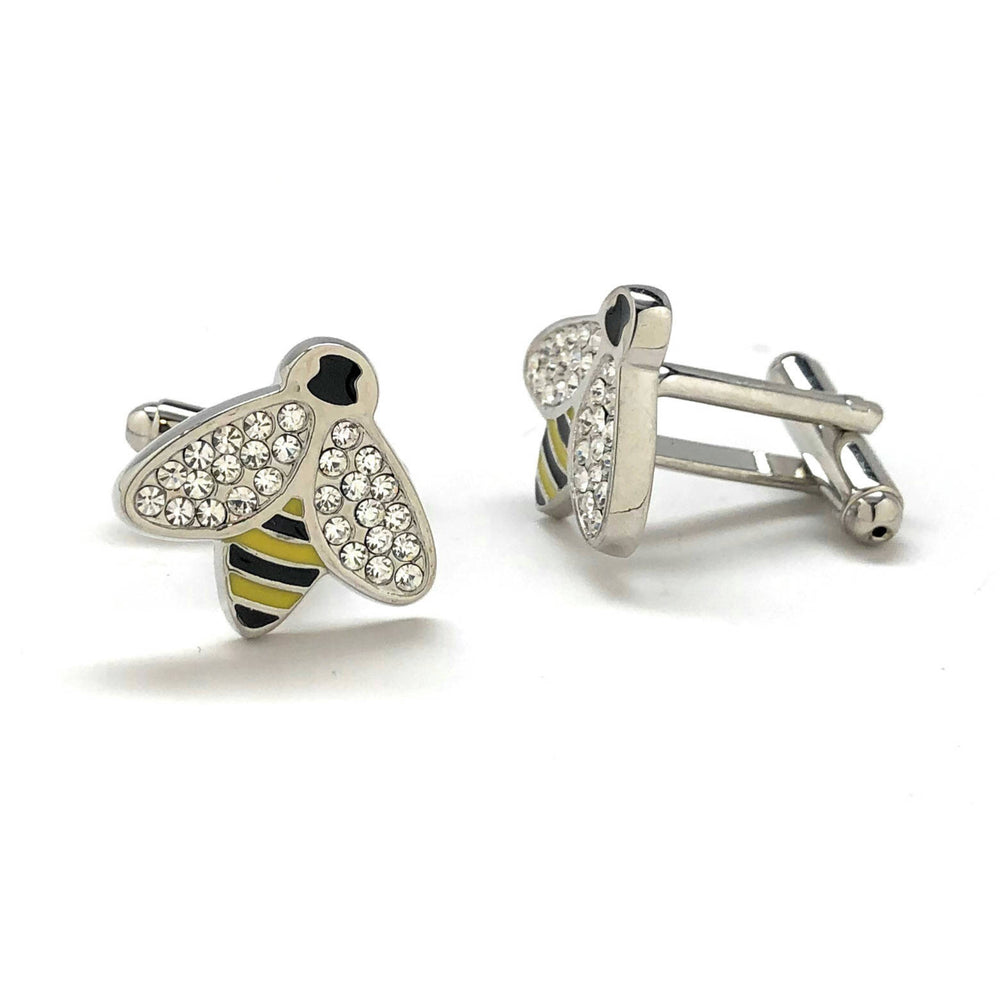 Bee Cufflinks Crystal Wing Honey Bee Cufflinks Yellow Black Enamel with Silver Tone Cuff Links Comes with Gift Box Image 2