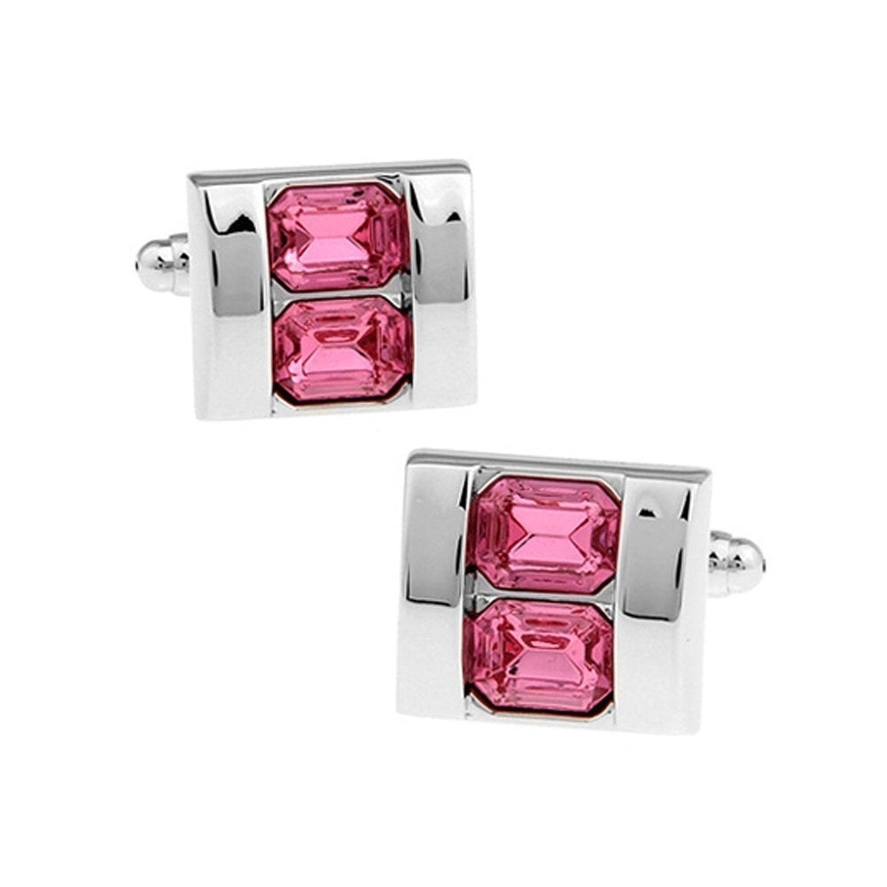 Double Stacking Rose Pink Crystal Cufflinks Silver Tone  Design The Love Magnet Set Cool Cuff Links Comes with Gift Box Image 1