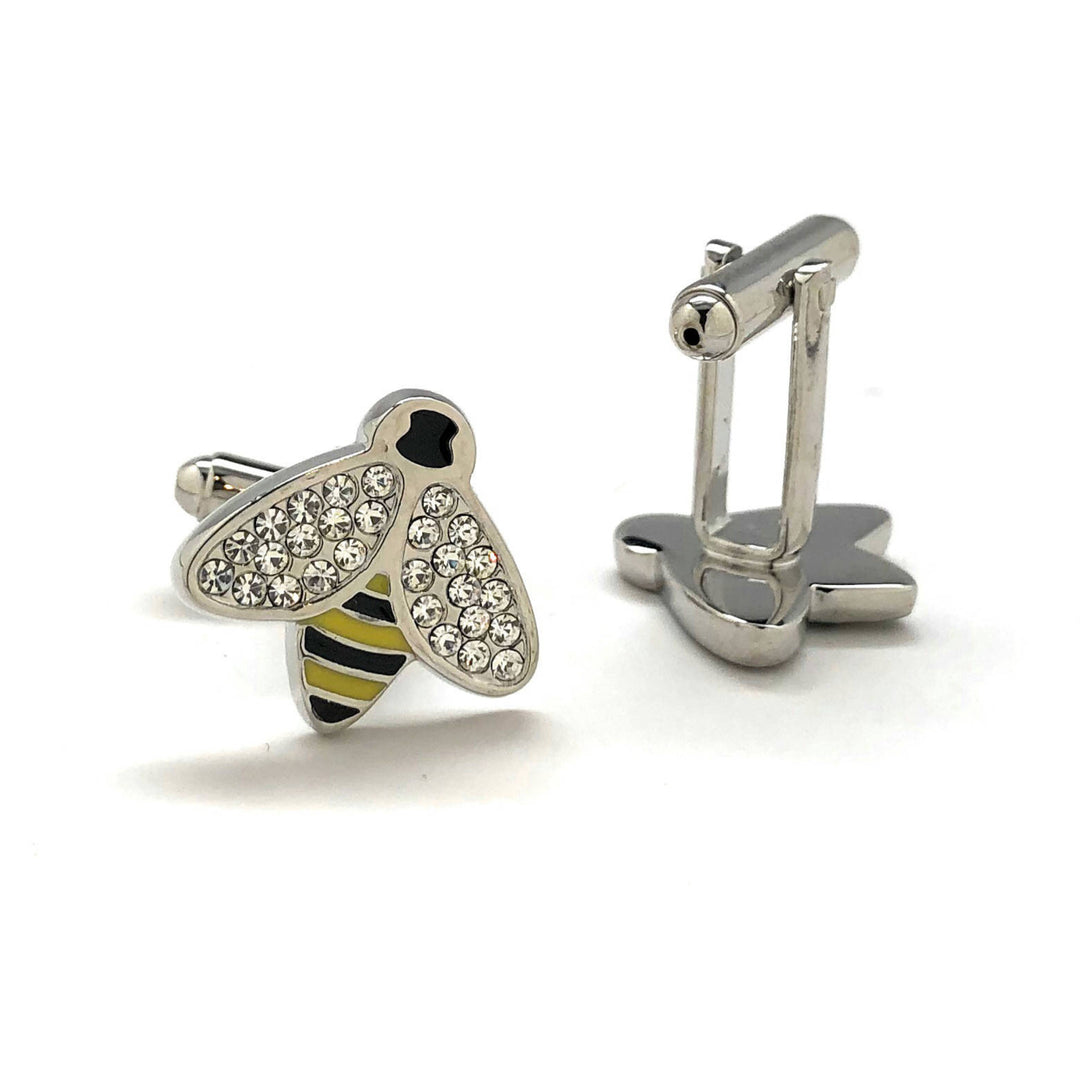 Bee Cufflinks Crystal Wing Honey Bee Cufflinks Yellow Black Enamel with Silver Tone Cuff Links Comes with Gift Box Image 3