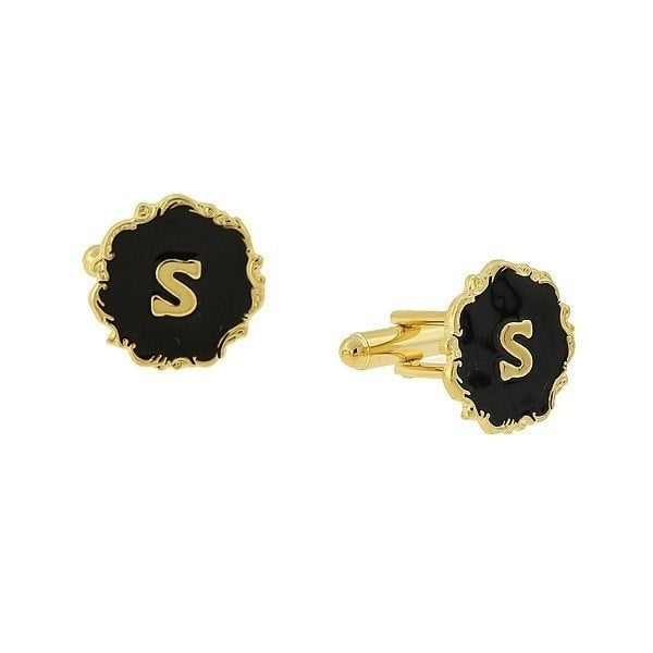 Initial Letter Cufflinks Letter S Gold Scrolled Edged Black Enamel Initial S Cuff Links Groom Father Bride Wedding Image 1