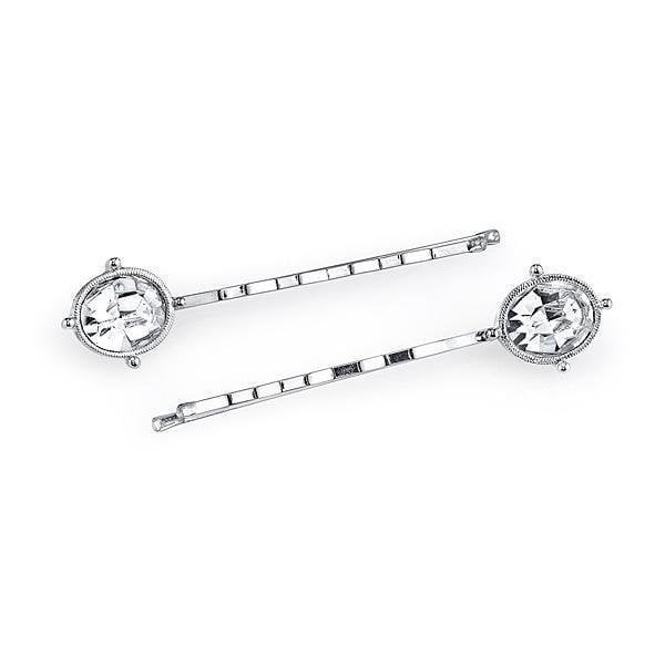 Glistening Wedding Pin Silver Tone Elegant Oval Crystal Bobby Pin Pair Hair Jewelry Image 1