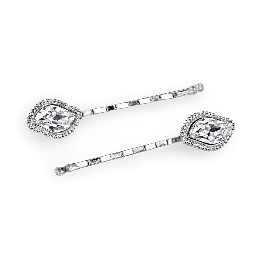 Glistening Wedding Pin Silver Tone Elegant Edged Crystal Bobby Pin Pair Hair Jewelry Image 1