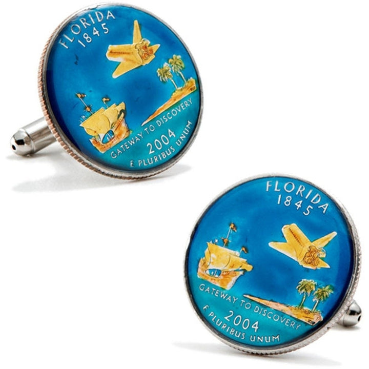 Enamel Cufflinks Hand Painted Florida State Quarter Authentic US Enamel Coin Jewelry Cuff Links Space Shuttle Beach Image 1