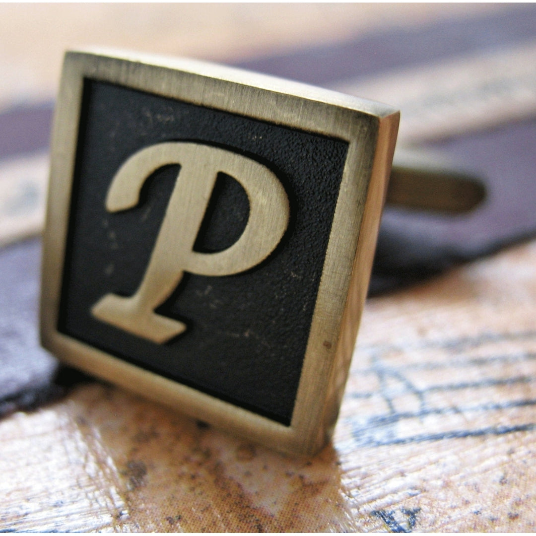 P Initial Cufflinks Antique Brass Square 3-D Letter Vintage English Lettering Cuff Links Groom Father Bride Wedding Image 1