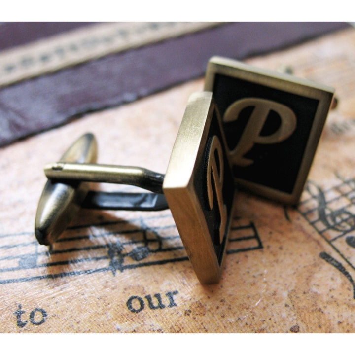 P Initial Cufflinks Antique Brass Square 3-D Letter Vintage English Lettering Cuff Links Groom Father Bride Wedding Image 2
