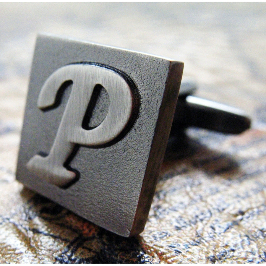 P Initial Cufflinks Gunmetal Square 3-D Letter P English Lettering Vintage Cuff Links for Groom Father Bride Wedding Image 1