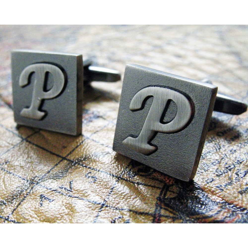 P Initial Cufflinks Gunmetal Square 3-D Letter P English Lettering Vintage Cuff Links for Groom Father Bride Wedding Image 2