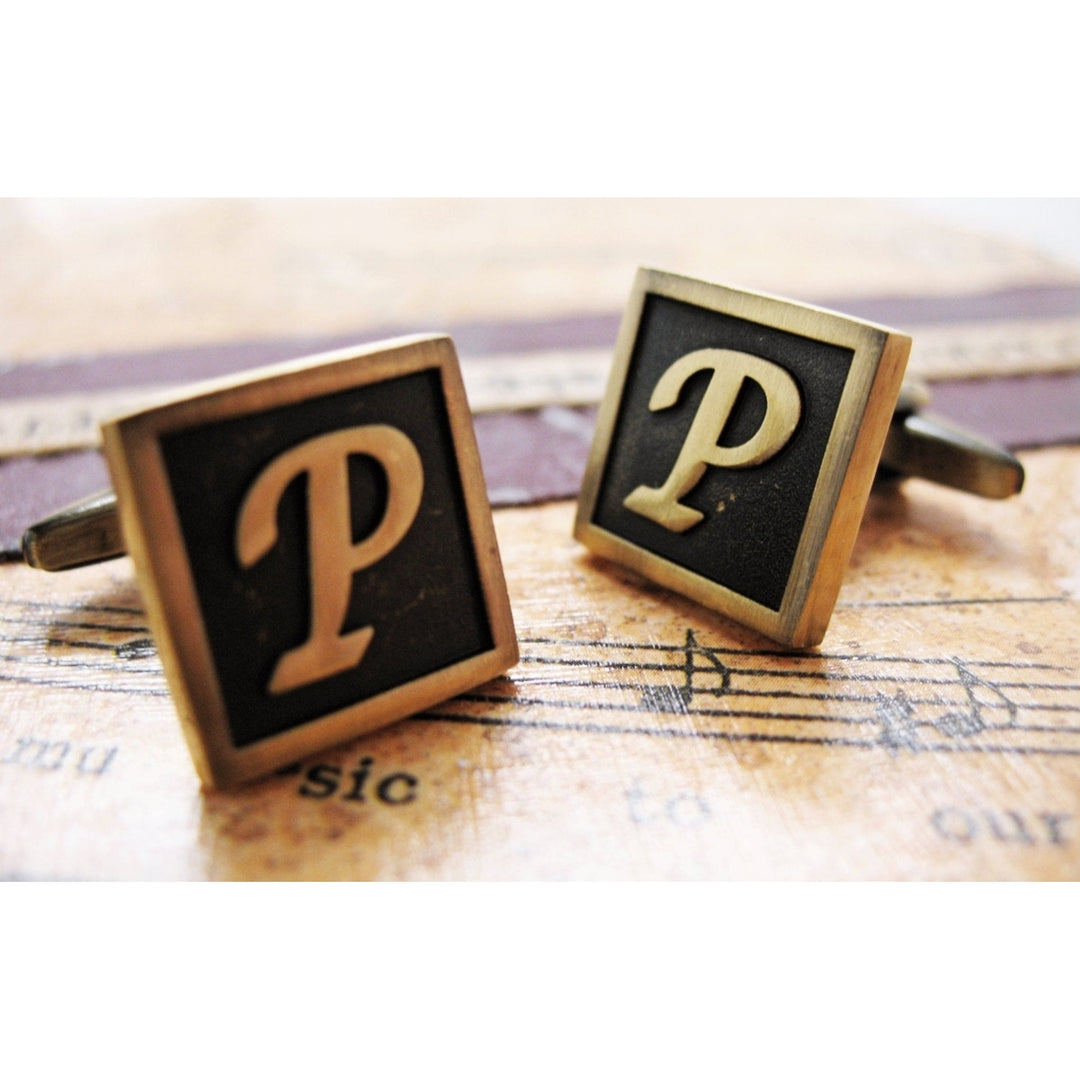 P Initial Cufflinks Antique Brass Square 3-D Letter Vintage English Lettering Cuff Links Groom Father Bride Wedding Image 3