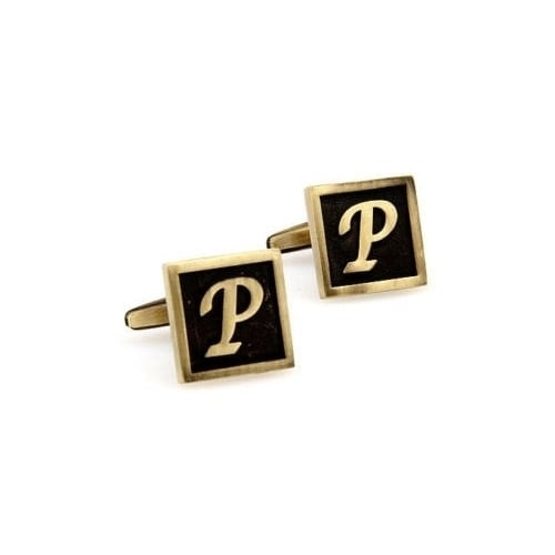P Initial Cufflinks Antique Brass Square 3-D Letter Vintage English Lettering Cuff Links Groom Father Bride Wedding Image 4