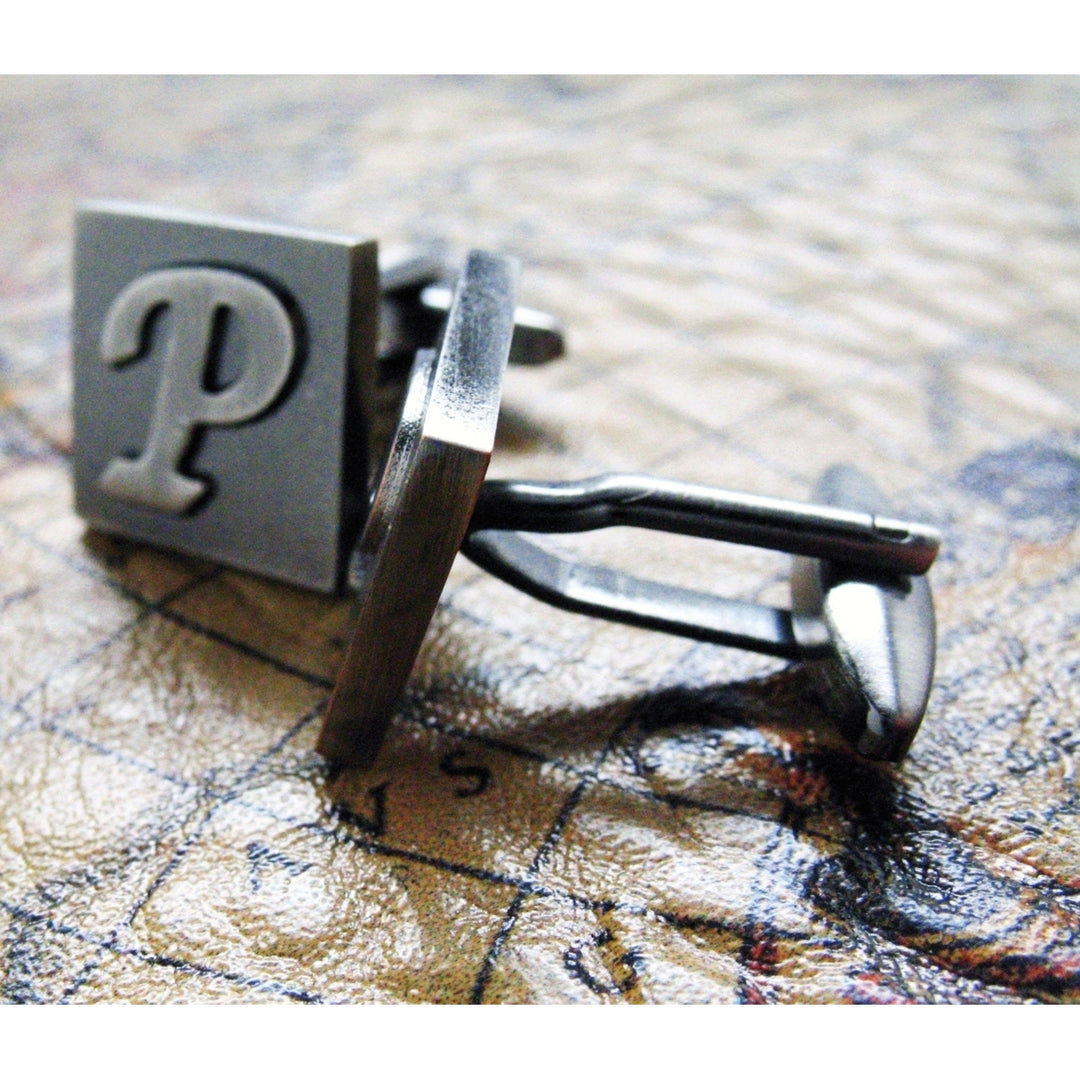 P Initial Cufflinks Gunmetal Square 3-D Letter P English Lettering Vintage Cuff Links for Groom Father Bride Wedding Image 3