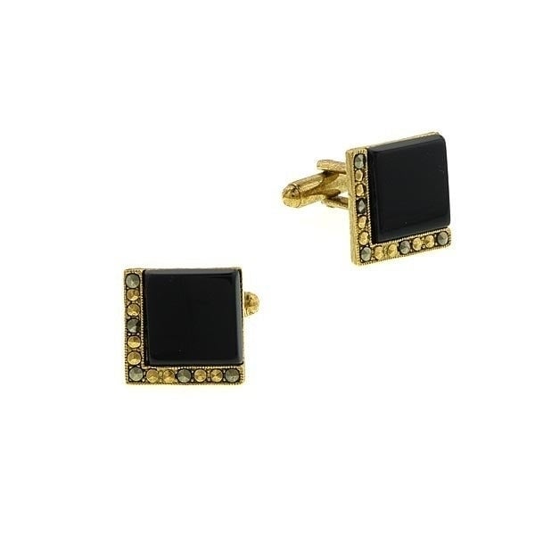 Gold Tone Black Onyx Square Stone with Crystals Square Cufflink Image 1