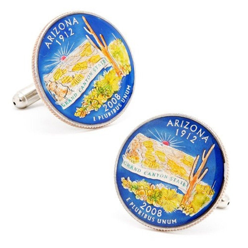 Enamel Cufflinks Hand Painted Arizona State Quarter Cactus Enamel Coin Jewelry Money Currency Finance Accountant Cuff Image 1
