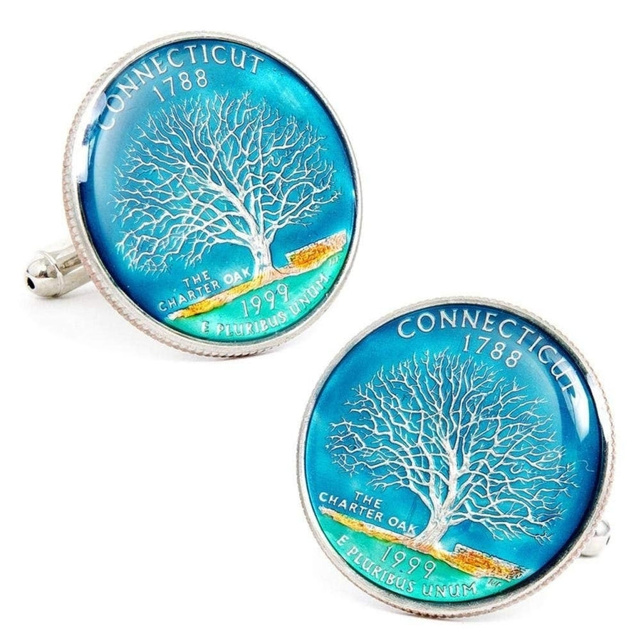 Enamel Cufflinks Hand Painted Connecticut State Quarter Tree Enamel Coin Jewelry Money Currency Finance Accountant Cuff Image 1