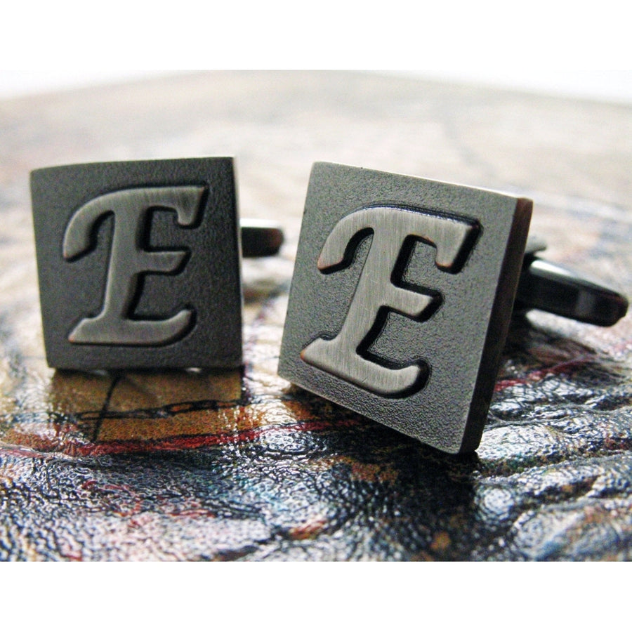 E Initial Cufflinks Gunmetal Square 3-D Letter Vintage English Lettering Cuff Links for Groom Father of Bride Wedding Image 1