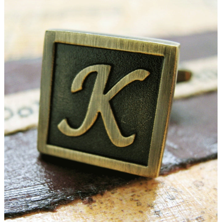 K Initial Cufflinks Antique Brass Square 3-D Letter K Vintage English Lettering Cuff Links Groom Father Bride Wedding Image 1