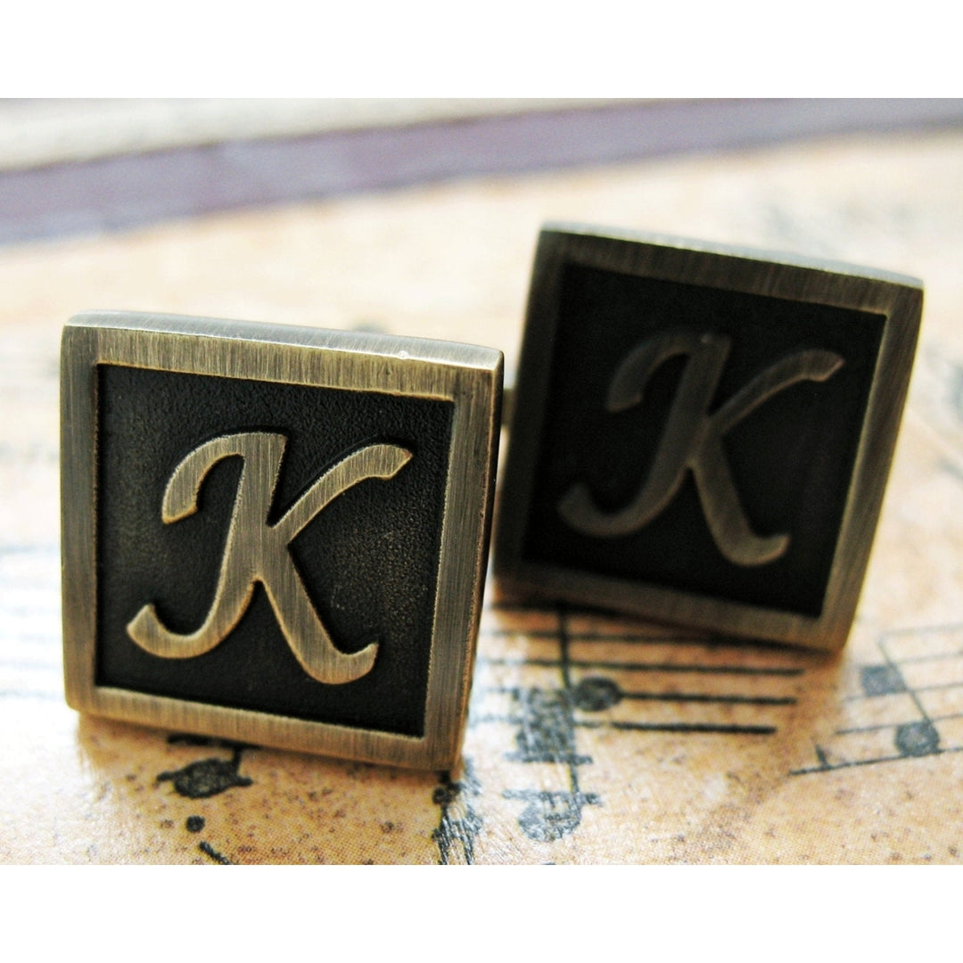 K Initial Cufflinks Antique Brass Square 3-D Letter K Vintage English Lettering Cuff Links Groom Father Bride Wedding Image 2