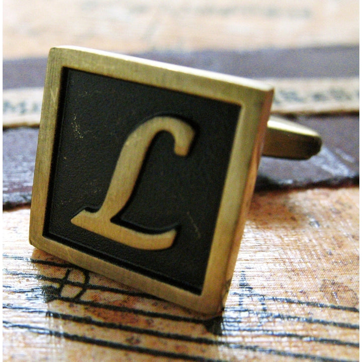 L Initial Cufflinks Antique Brass Square 3-D Letter L Letters English Vintage Cuff Links Groom Father Bride Wedding Image 1