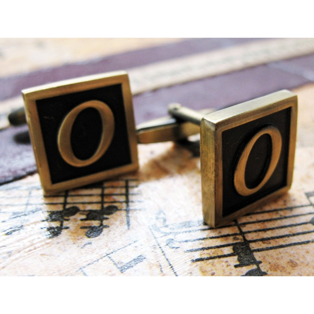 O Initial Cufflinks Antique Brass Square 3-D Letter O Vintage English Lettering Cuff Links Groom Father Bride Wedding Image 3