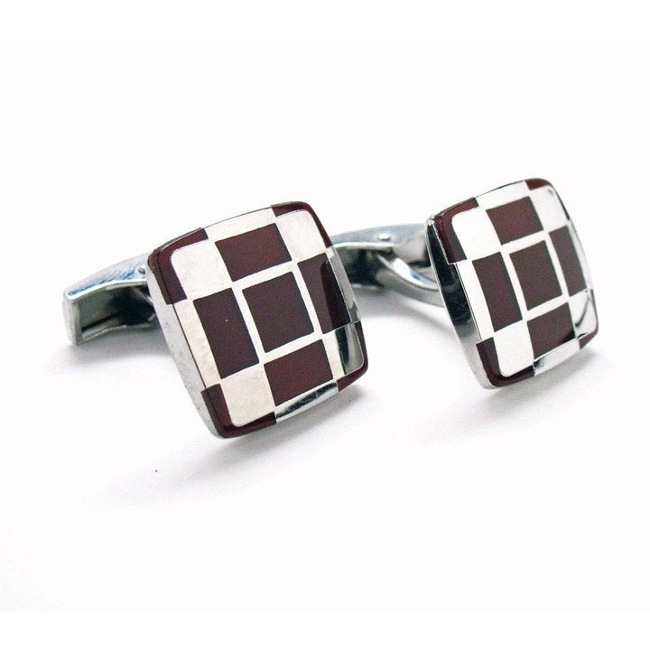Shiny Silver Cufflinks Checkered Cherrywood Stainless Steel Classic Whale Tail Back Pefect Cuff Links Image 1