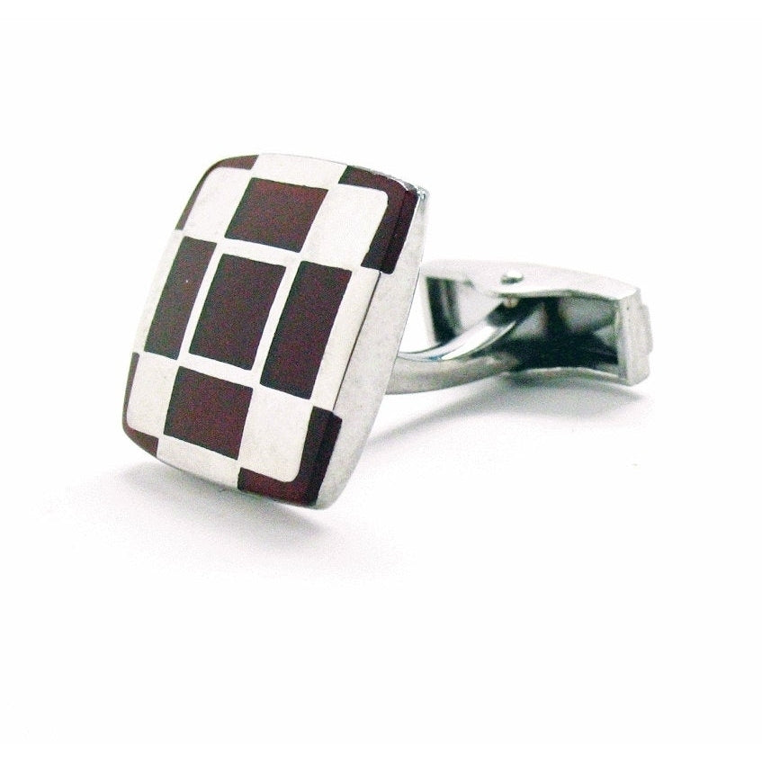 Shiny Silver Cufflinks Checkered Cherrywood Stainless Steel Classic Whale Tail Back Pefect Cuff Links Image 2