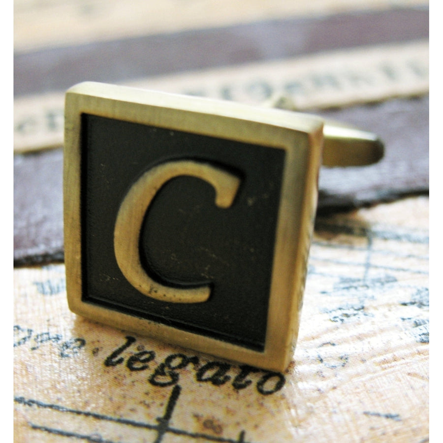 C Initial Cufflinks Antique Brass Square 3-D Letter Vintage English Lettering Cuff Links Groom Father Bride Wedding Image 1