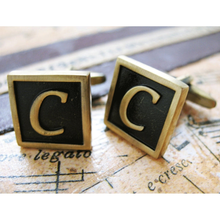 C Initial Cufflinks Antique Brass Square 3-D Letter Vintage English Lettering Cuff Links Groom Father Bride Wedding Image 2