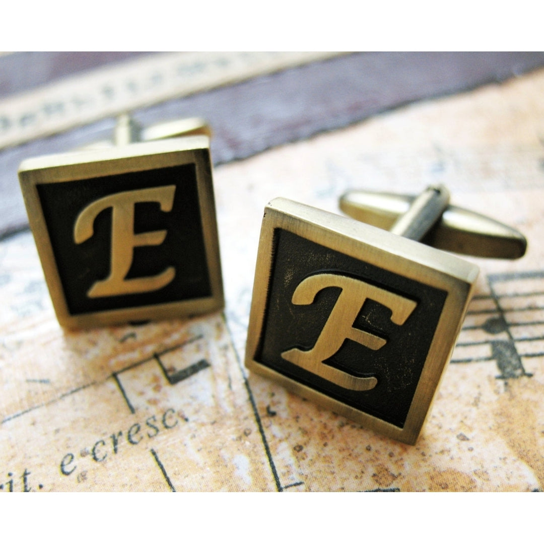 E Initial Cufflinks Antique Brass Square 3-D Letter E Vintage English Lettering Cuff Links Groom Father Bride Wedding Image 1
