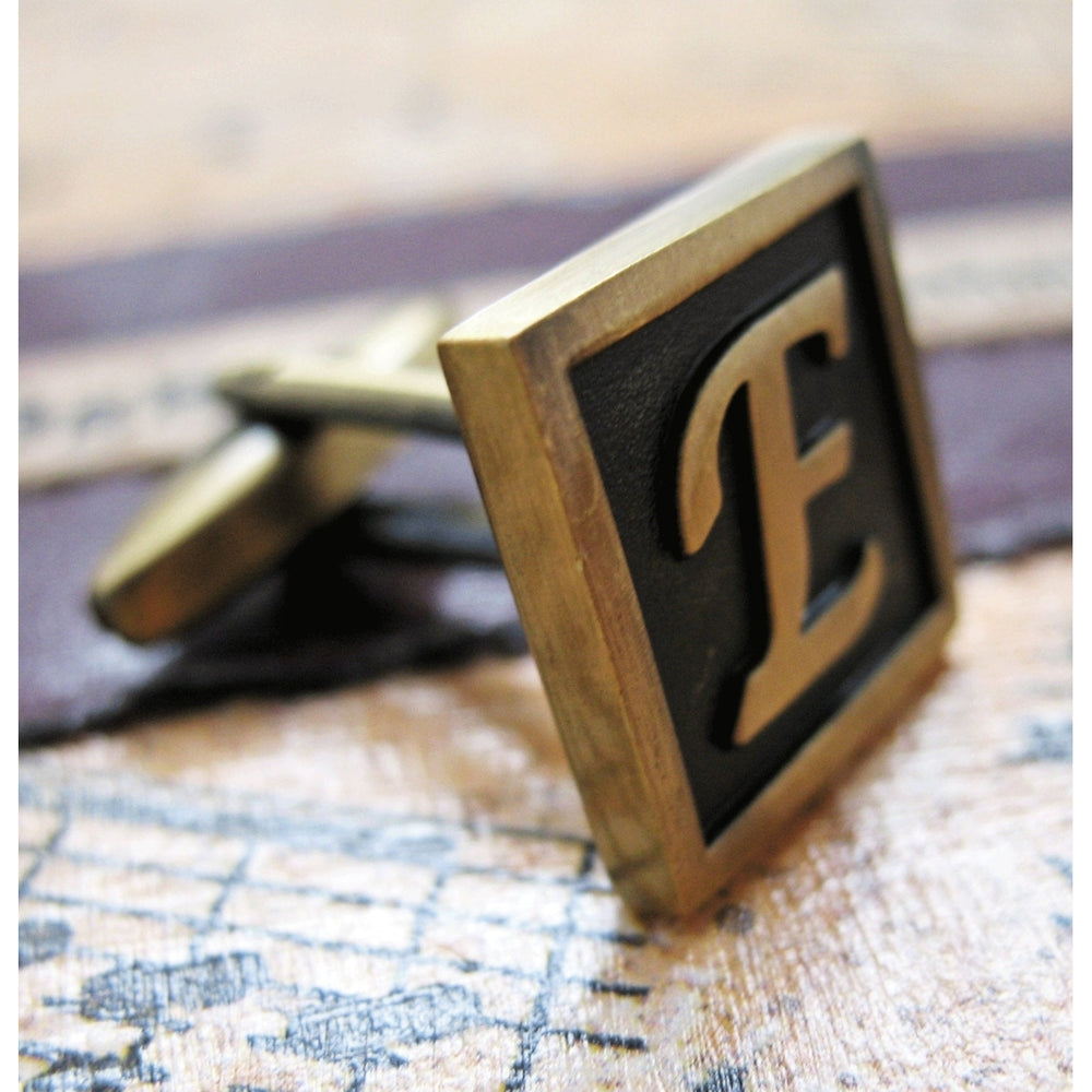 E Initial Cufflinks Antique Brass Square 3-D Letter E Vintage English Lettering Cuff Links Groom Father Bride Wedding Image 2