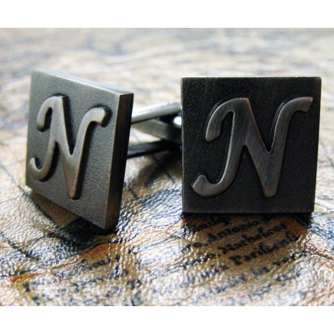 N Initial Cufflinks Gunmetal Square 3-D Letter N English Lettering Vintage Cuff Links Groom Father of Bride Wedding Image 2