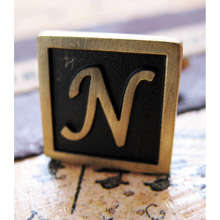 N Initial Cufflinks Antique Brass Square 3-D Letter N Vintage English Lettering Cuff Links Groom Father Bride Wedding Image 1