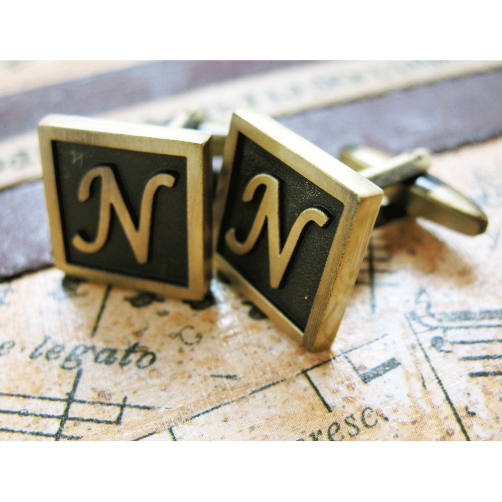 N Initial Cufflinks Antique Brass Square 3-D Letter N Vintage English Lettering Cuff Links Groom Father Bride Wedding Image 2