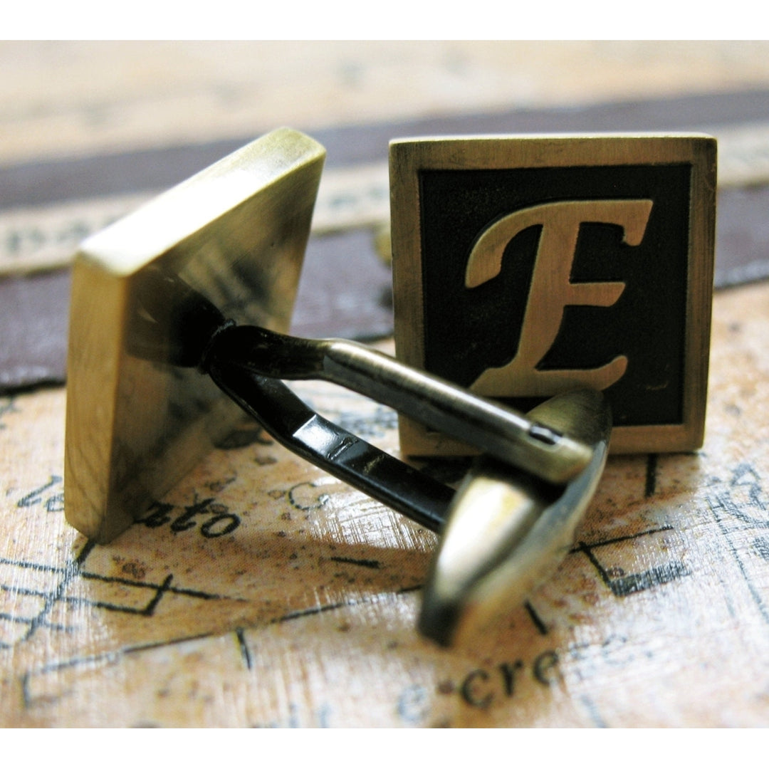 E Initial Cufflinks Antique Brass Square 3-D Letter E Vintage English Lettering Cuff Links Groom Father Bride Wedding Image 3