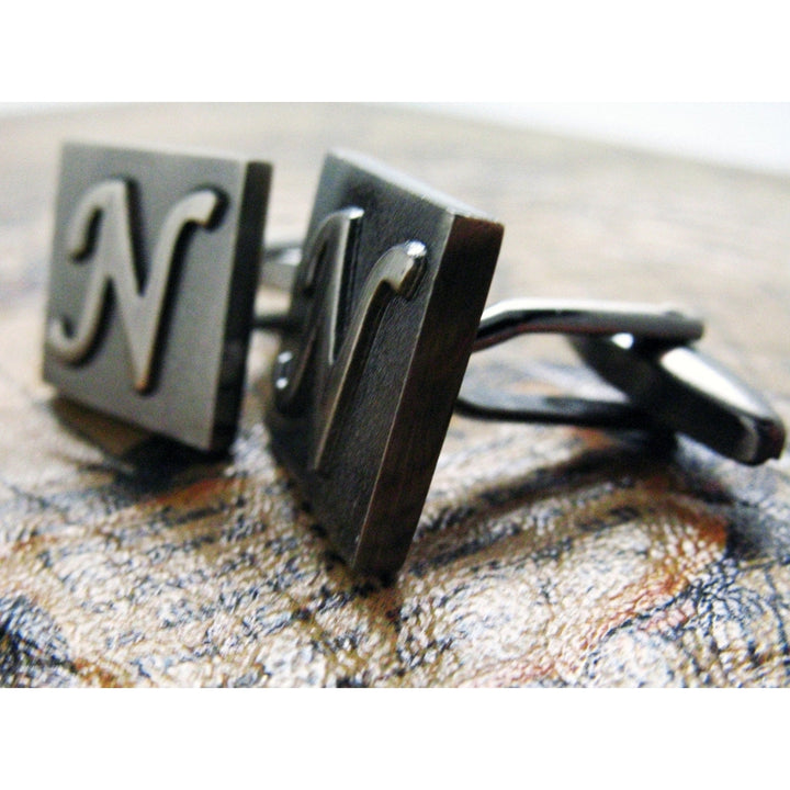 N Initial Cufflinks Gunmetal Square 3-D Letter N English Lettering Vintage Cuff Links Groom Father of Bride Wedding Image 4