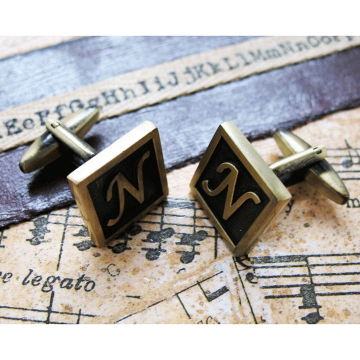 N Initial Cufflinks Antique Brass Square 3-D Letter N Vintage English Lettering Cuff Links Groom Father Bride Wedding Image 4