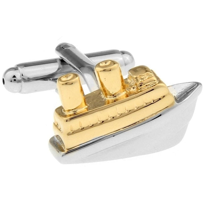 Ocean Ship Silver and Gold Vacation Sea Voyage Cruise Ship Cufflinks Cuff Links Image 1