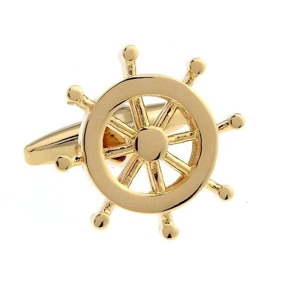 Gold Ocean Voyage Ships Wheel Helm Steering Wheel Cufflinks Vintage Cuff Links Image 1