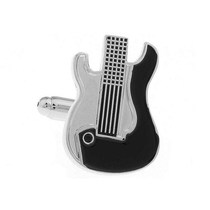 Electric Guitar Cufflinks Silver and Black Enamel Guitar Jewelry Music Rock and Roll Band Comes with Gift Box Image 1
