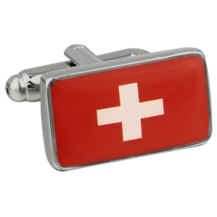 Mens Executive Cufflinks Shiny Silver Swiss Switzerland Flag White Red Cross Flag Cuff Links Image 1