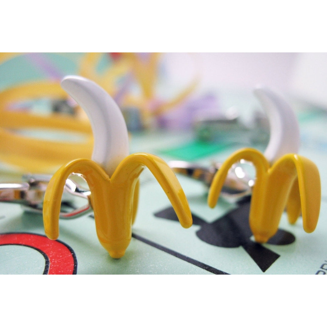 Banana Cufflinks Bright Yellow Enamel Fun Food Fruit 3D Cuff Links White Elephant Gifts Image 1
